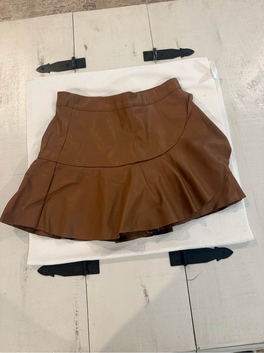 Brown Faux Leather Ruffle Hem Skort